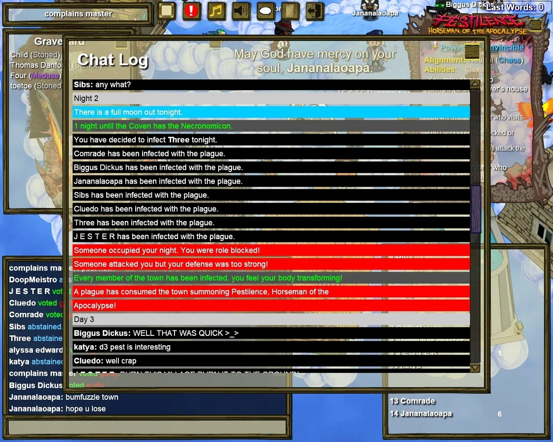 Town of Salem: chat log recording transport and roleblock messages.
