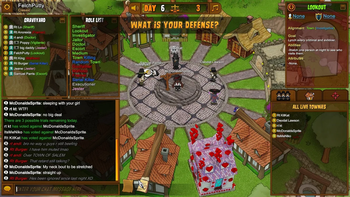 Town of Salem: a player giving their defense on trial.