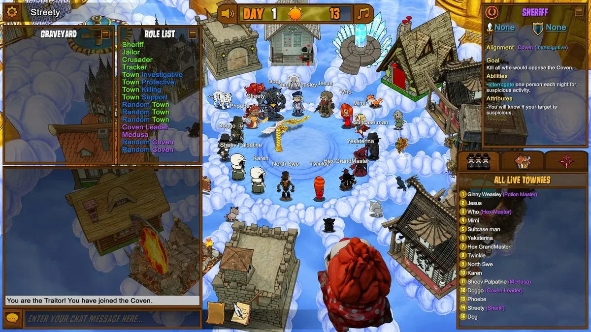 Town of Salem gameplay illustrating your first match.