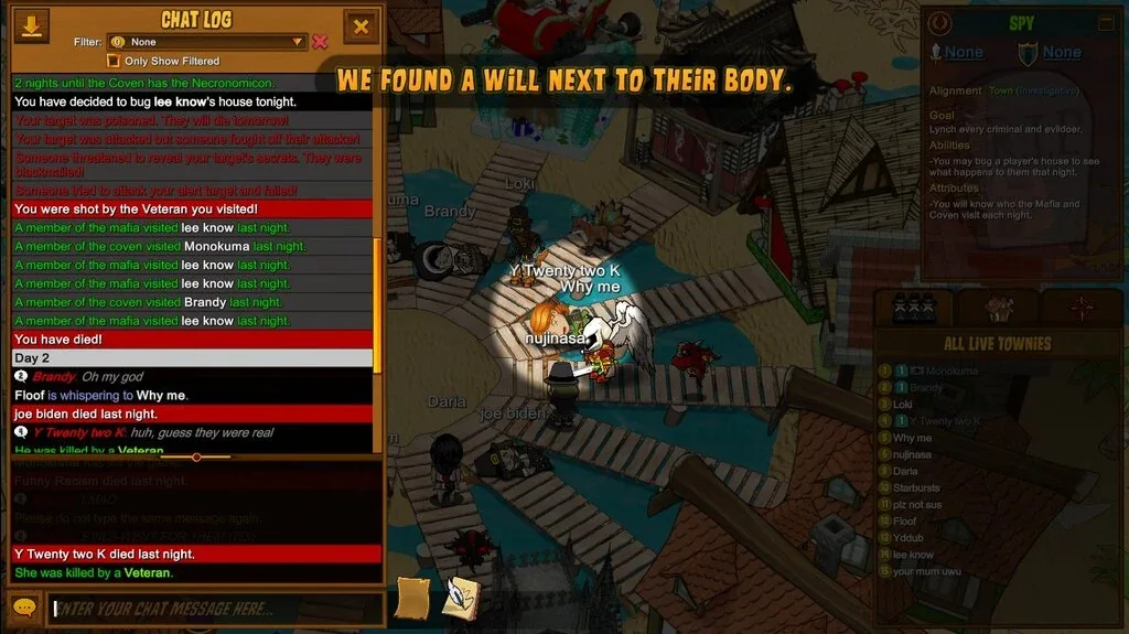 Town of Salem: a Spy chat log showing Mafia and Coven visits.