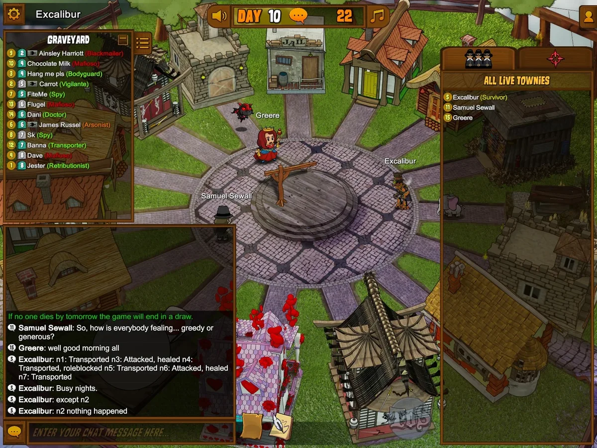 Town of Salem: a chronological night-action record posted in public chat.