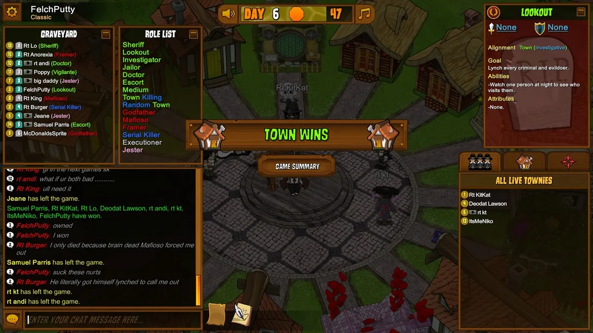 Town of Salem gameplay with the Lookout role panel visible.