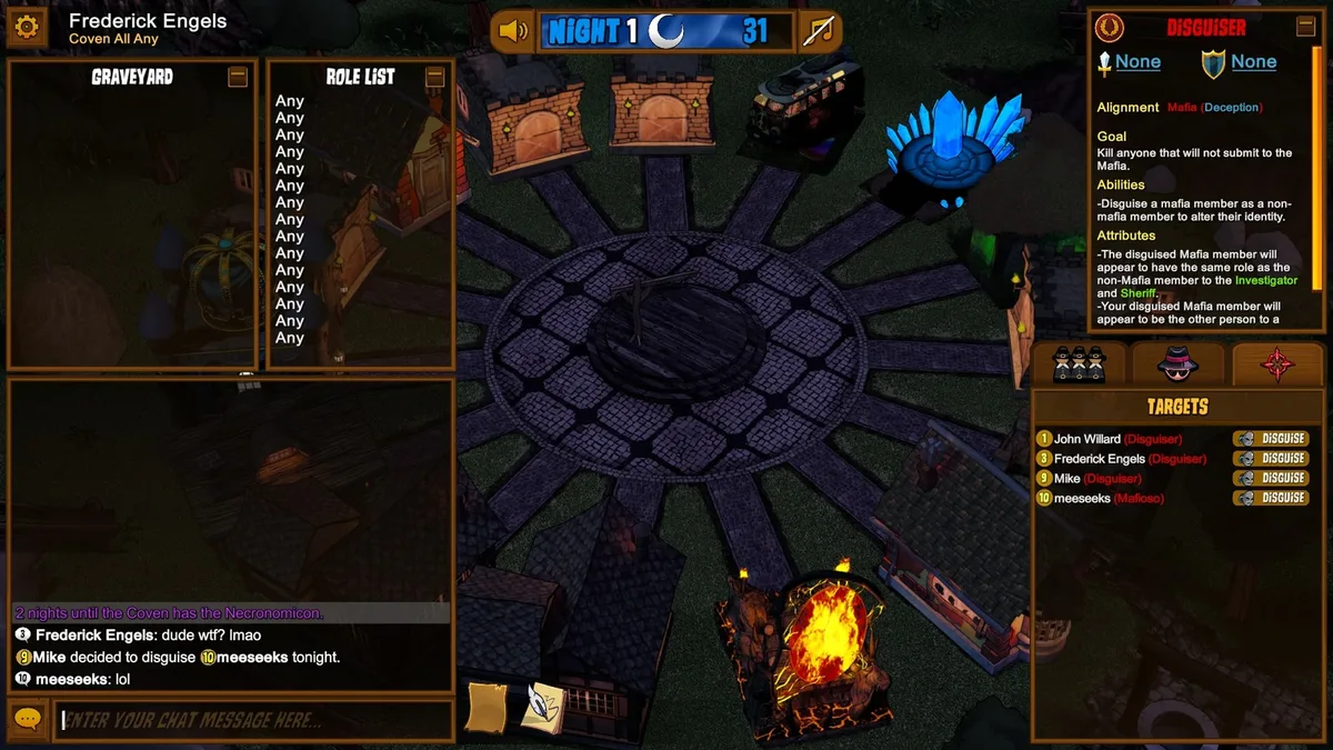 Town of Salem gameplay with the Disguiser role panel visible.