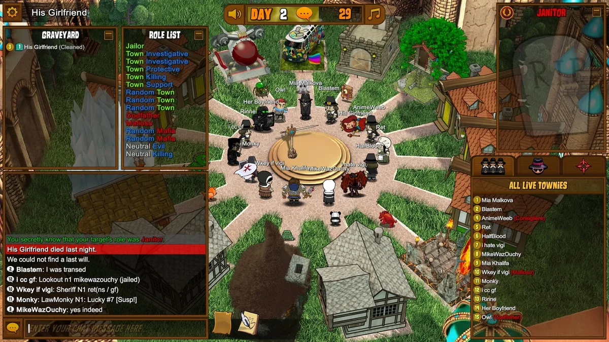 Town of Salem gameplay with the Janitor role panel visible.