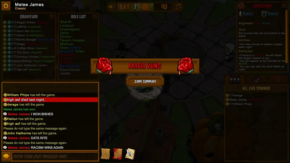 Town of Salem gameplay illustrating coordinate the mafia.