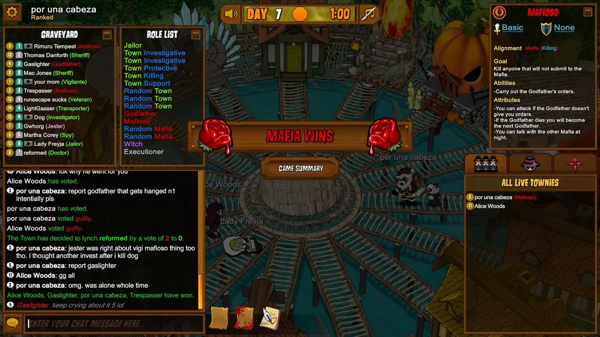 Town of Salem gameplay with the Mafioso role panel visible.