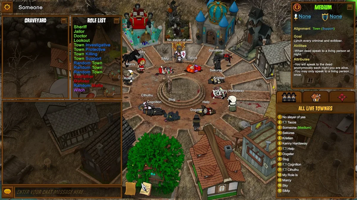 Town of Salem gameplay with the Medium role panel visible.