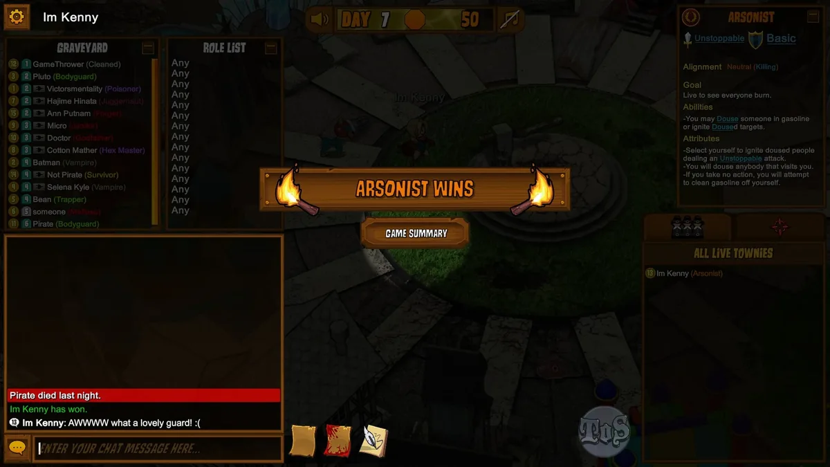 Town of Salem gameplay with the Arsonist role panel visible.