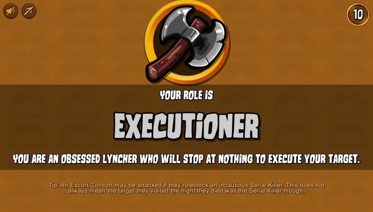 Town of Salem gameplay with the Executioner role panel visible.