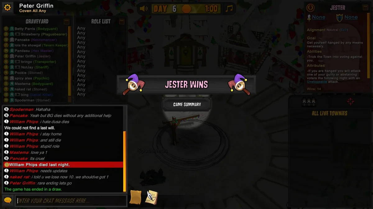 Town of Salem gameplay with the Jester role panel visible.