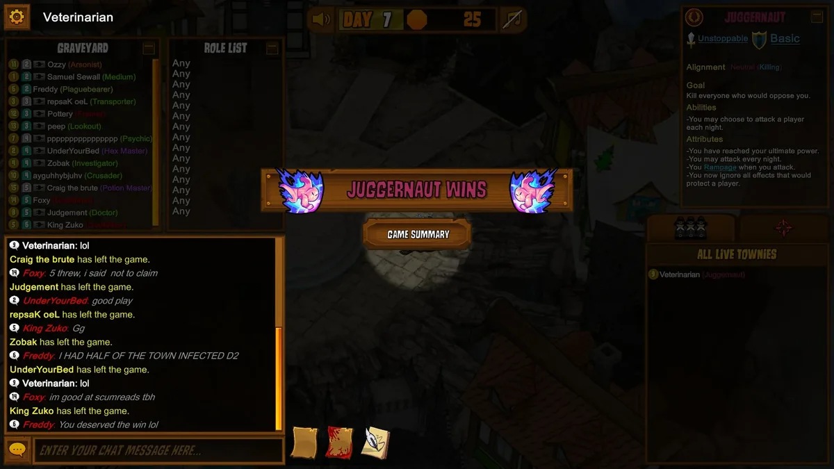 Town of Salem gameplay with the Juggernaut role panel visible.