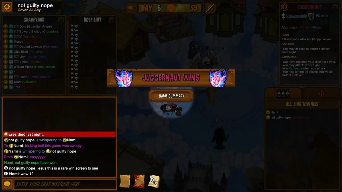 Town of Salem gameplay with the Juggernaut role panel visible.