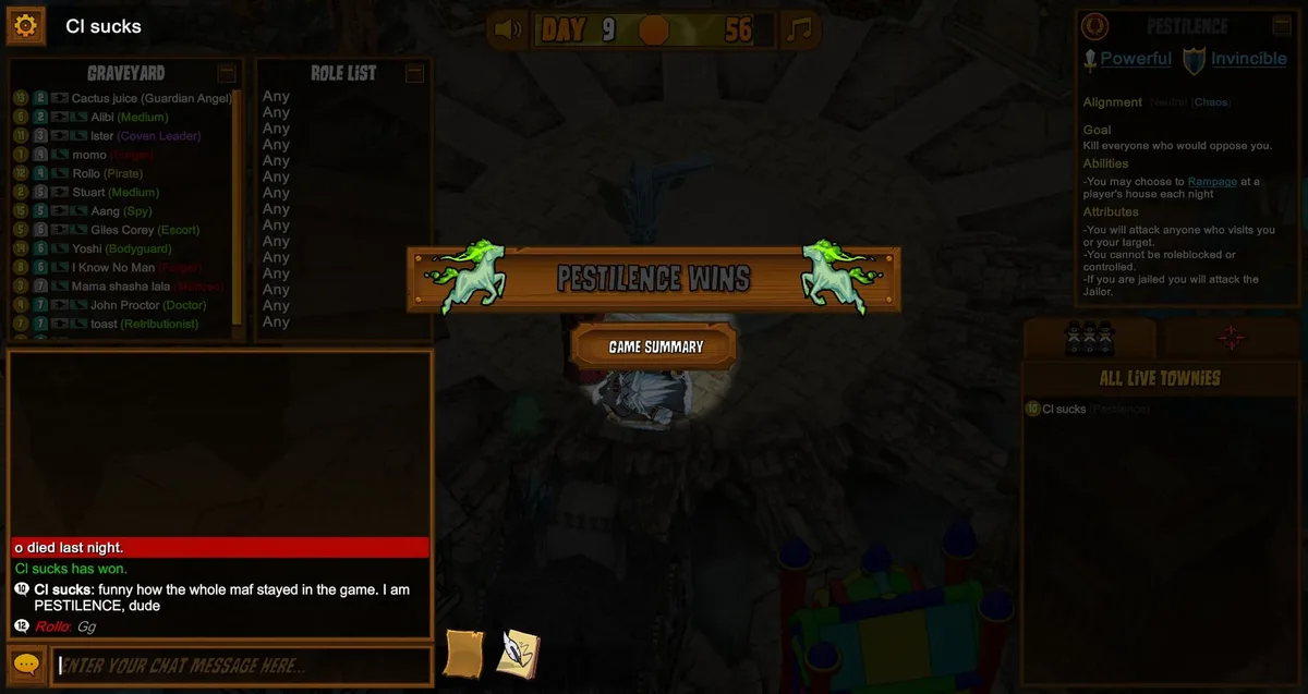 Town of Salem gameplay with the Plaguebearer becomes Pestilence role panel visible.