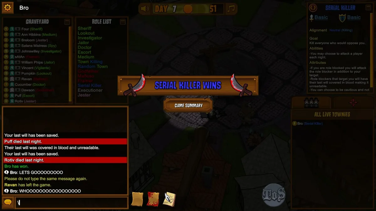 Town of Salem gameplay with the Serial Killer role panel visible.