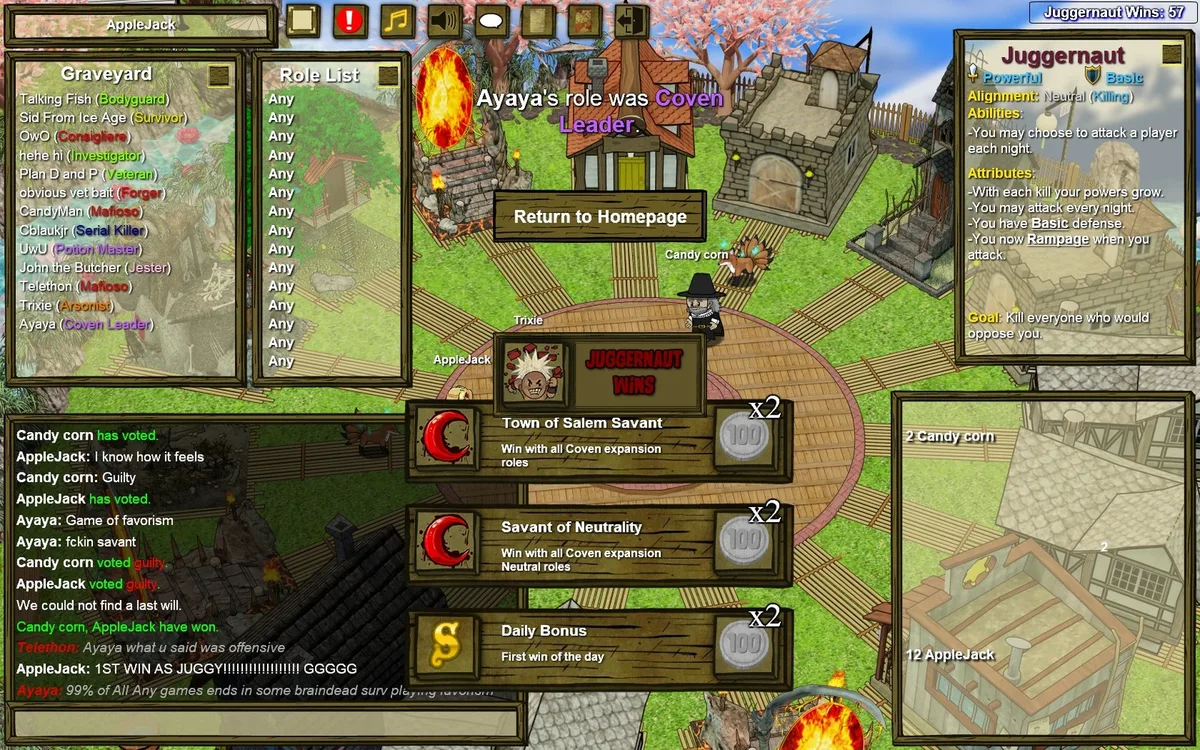 Town of Salem: juggernaut victory in the legacy game client.