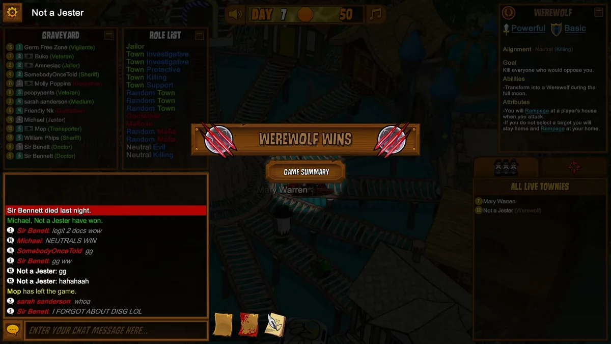 Town of Salem gameplay with the Werewolf role panel visible.