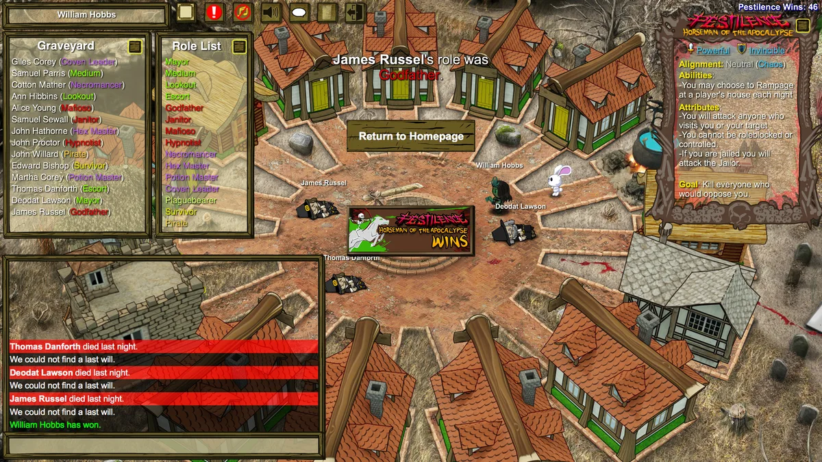 Pestilence victory screen with the Pestilence role card in the legacy Town of Salem client.