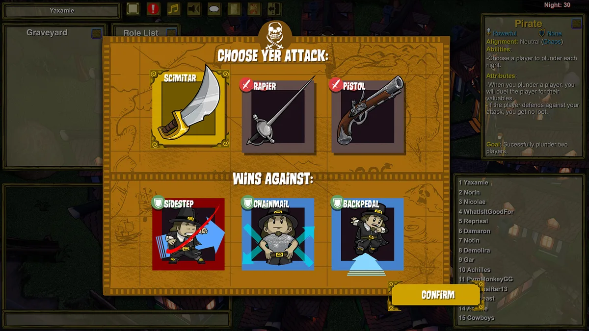 Pirate duel interface: scimitar, rapier and pistol attacks with the matching defense choices.