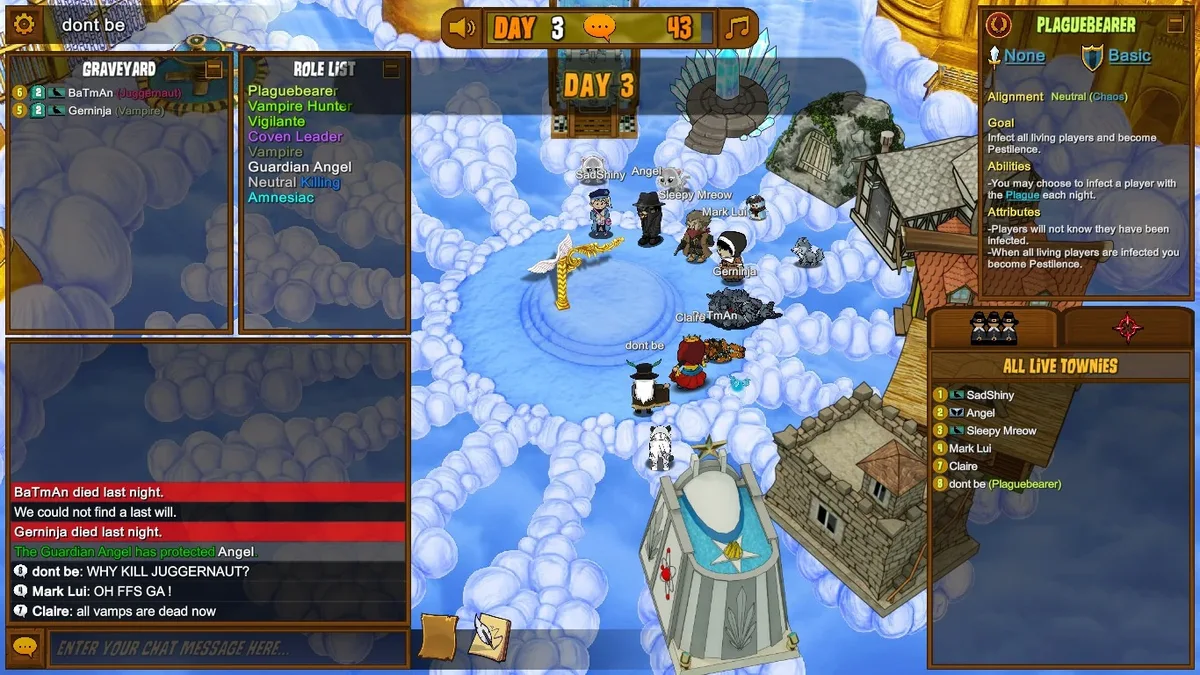 Town of Salem gameplay with the Plaguebearer role panel visible.