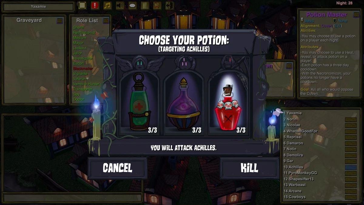 Potion Master interface showing healing, revealing and killing potions.