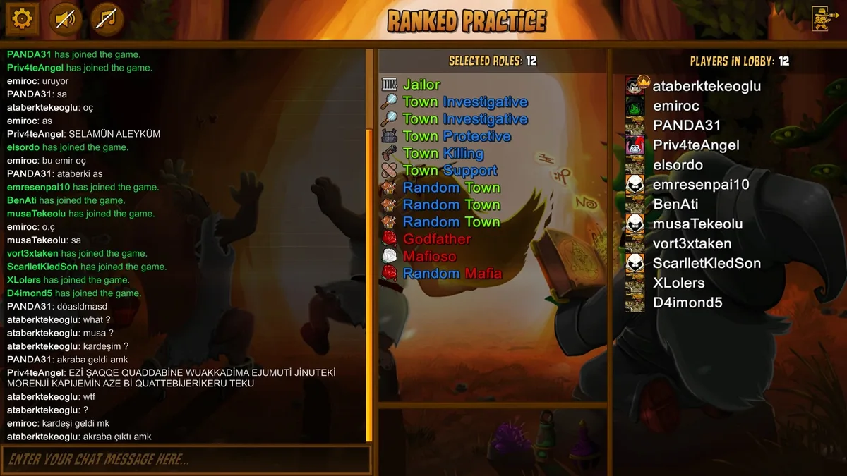 Town of Salem: the Ranked Practice lobby and configured role list.