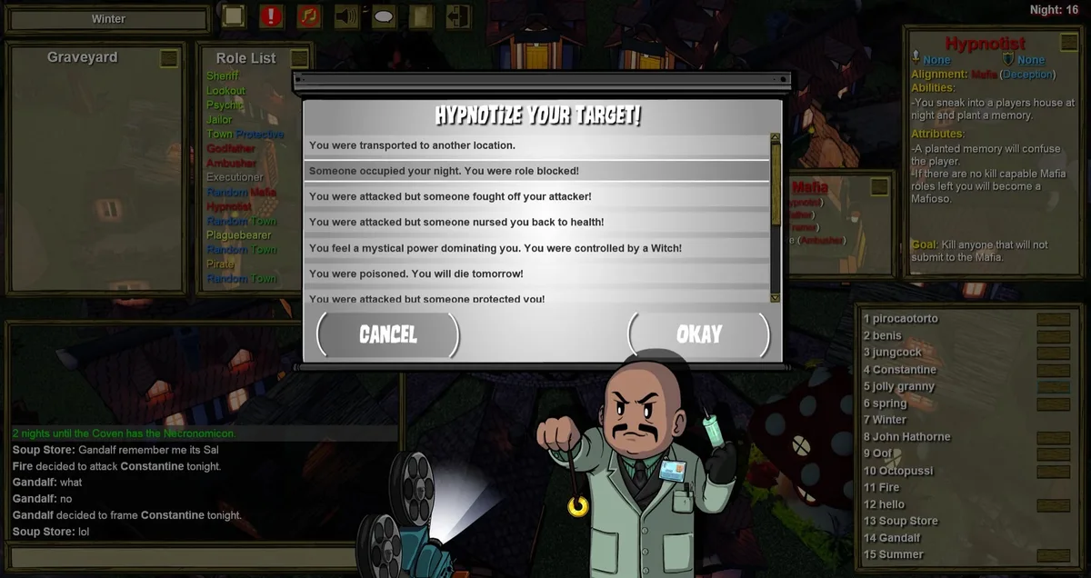 Town of Salem: the legacy Hypnotist interface for choosing a false message.