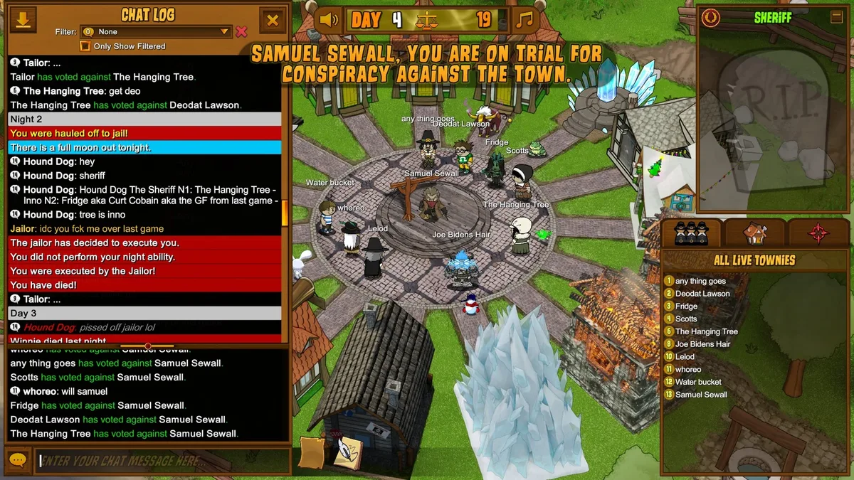Town of Salem: sheriff chat history and a player being put on trial.