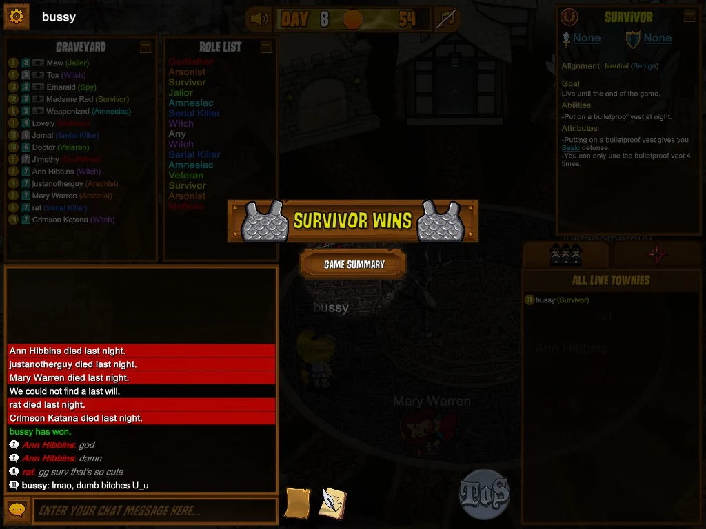 Town of Salem gameplay with the Survivor role panel visible.