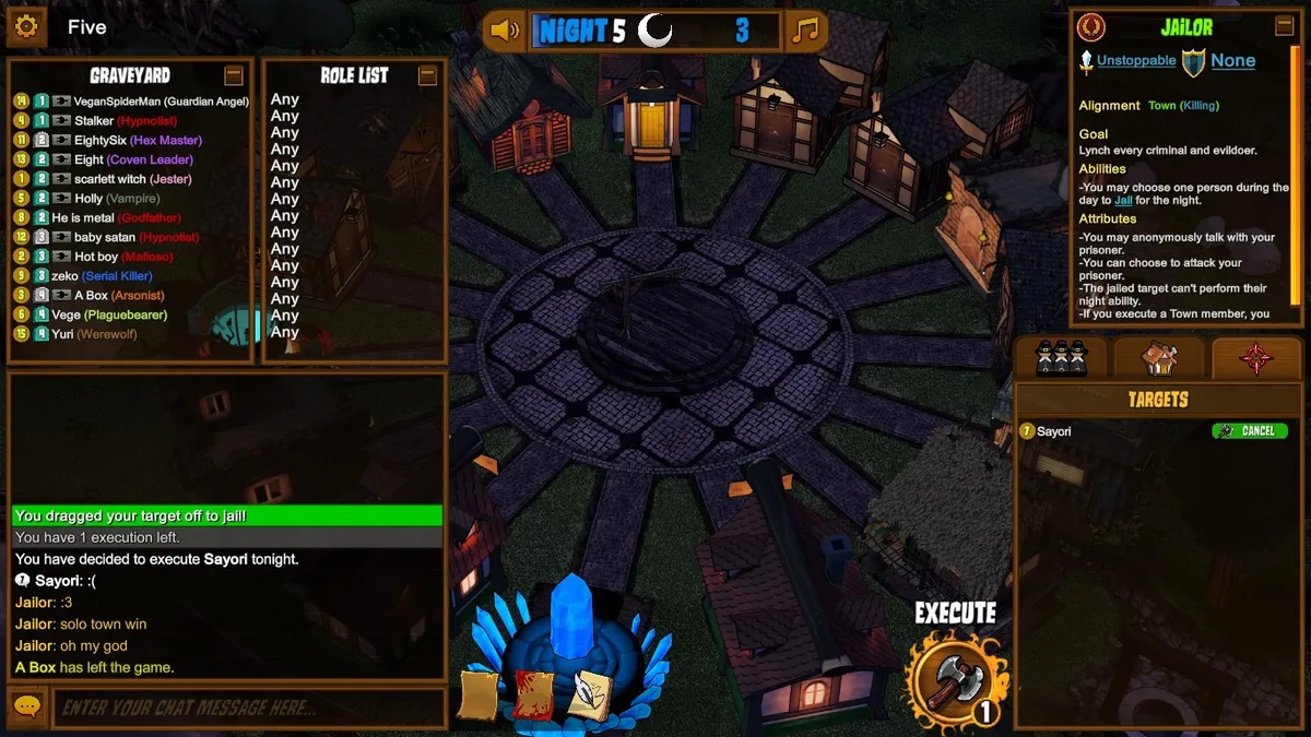 Town of Salem: the Jailor selecting whether to execute a prisoner.