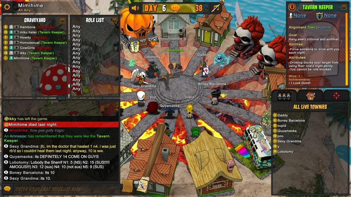Town of Salem gameplay with the Escort role panel visible.