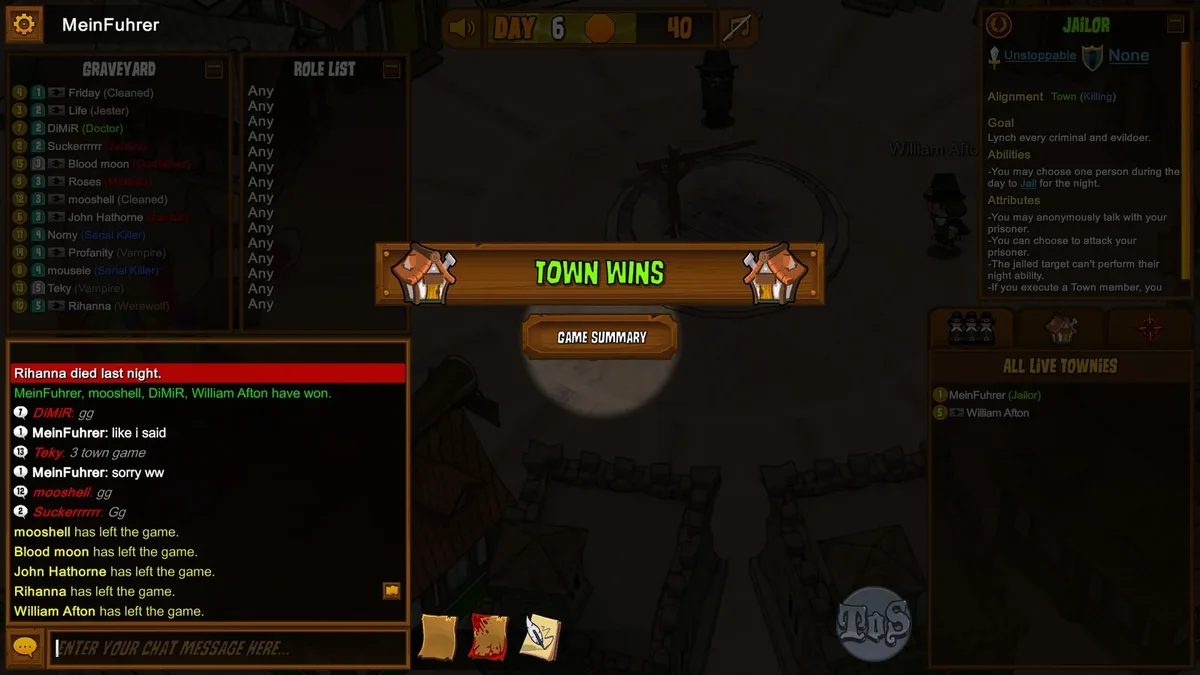 Town of Salem gameplay with the Jailor role panel visible.
