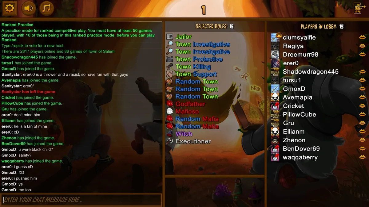 Town of Salem: the Ranked Practice lobby and its role list.