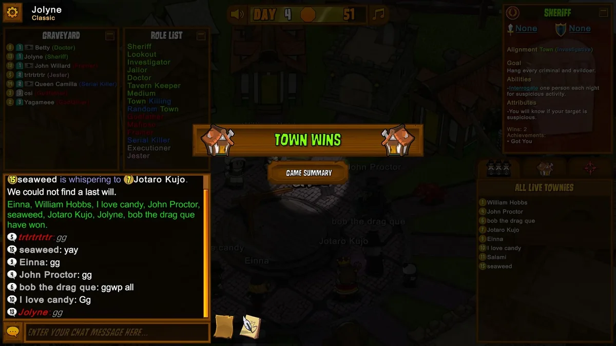 Town of Salem gameplay with the Sheriff role panel visible.
