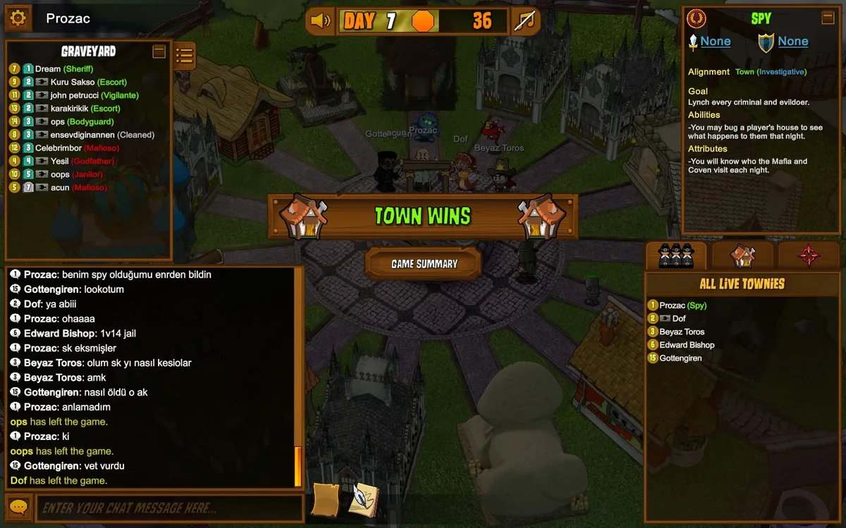 Town of Salem gameplay with the Spy role panel visible.