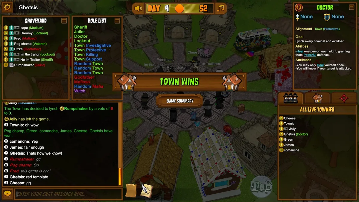 Town of Salem gameplay illustrating turn information into votes.
