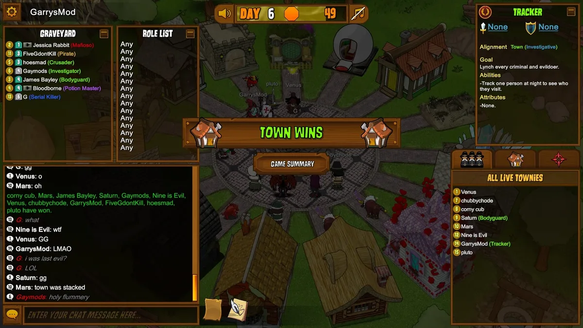 Town of Salem gameplay with the Tracker role panel visible.