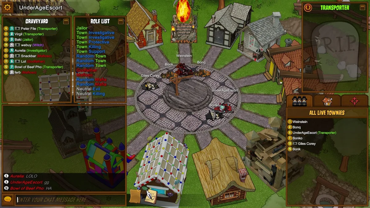 Town of Salem gameplay with the Transporter role panel visible.