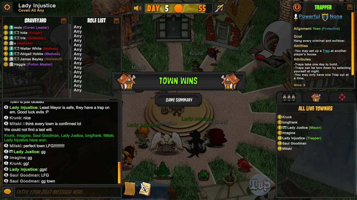 Town victory with the Trapper role panel and trap protection discussed in chat.