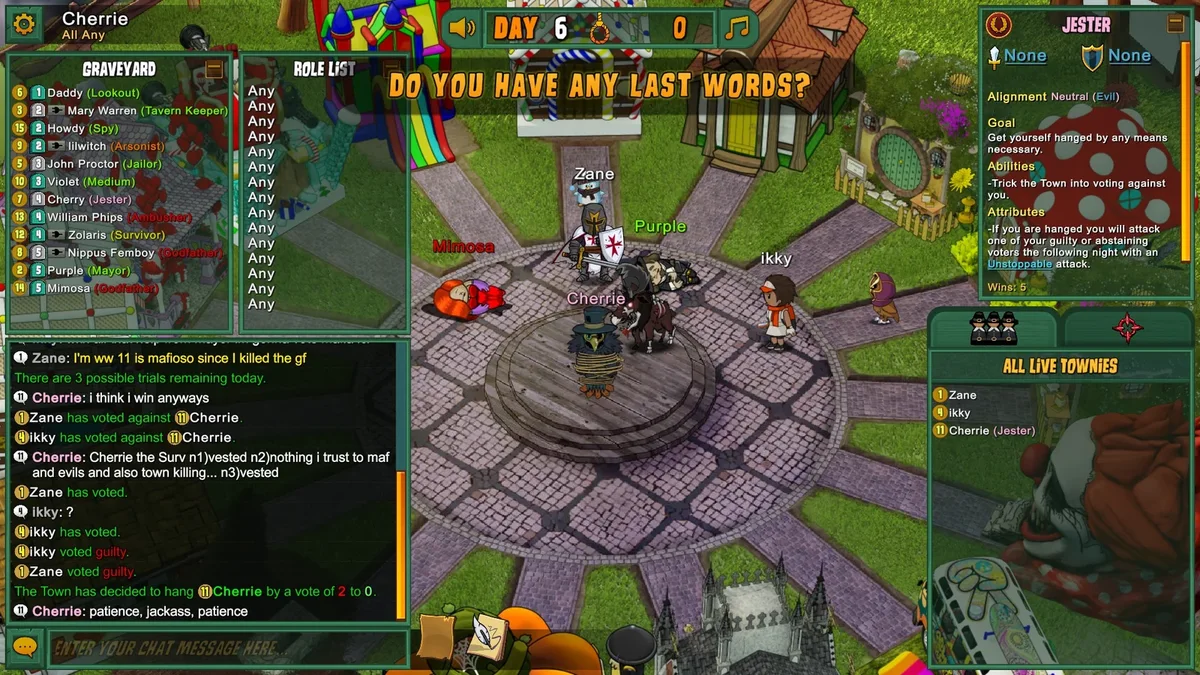Town of Salem: the last-words phase before a trial execution.