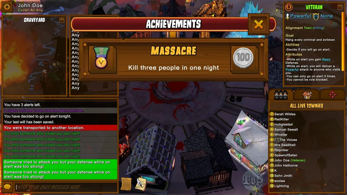 Town of Salem gameplay with the Veteran role panel visible.