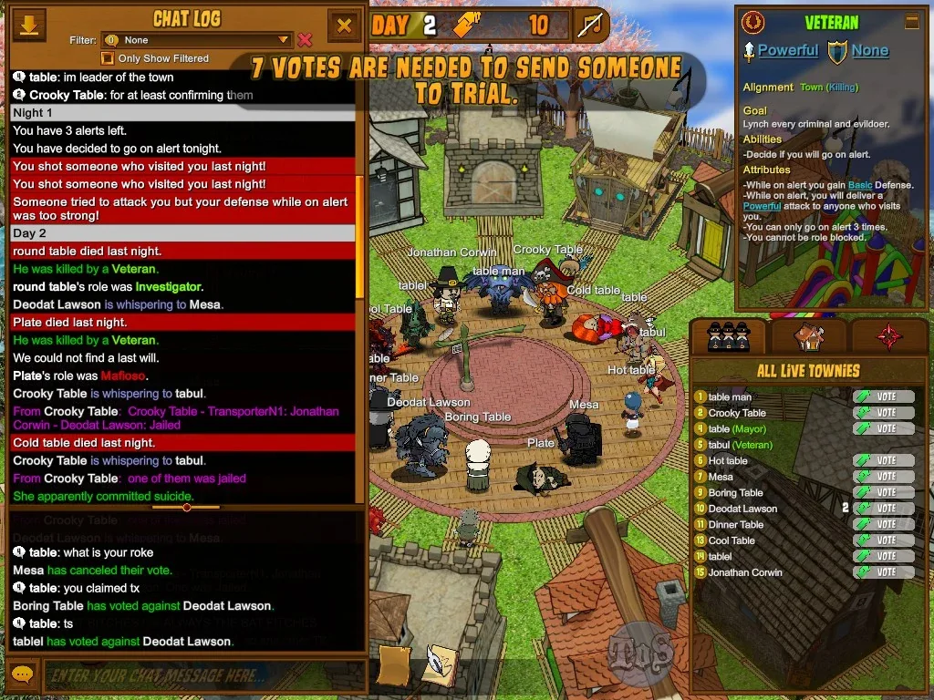 Town of Salem: role claims and the vote threshold for sending someone to trial.