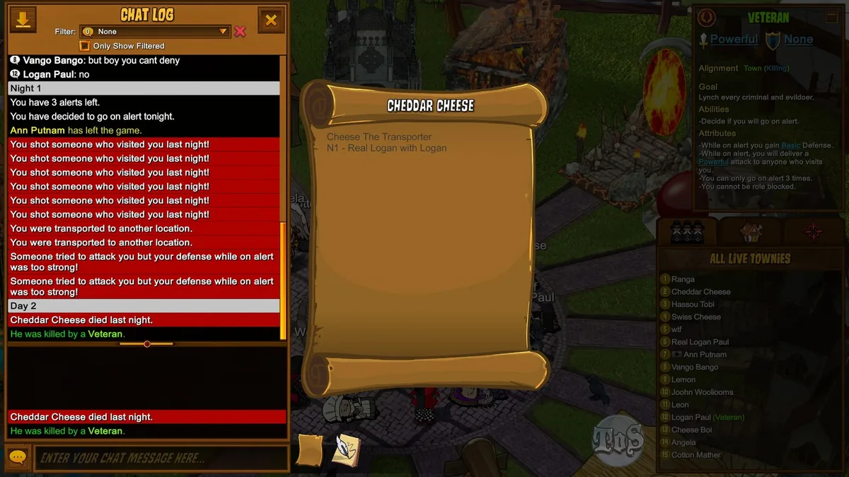 Town of Salem: a Veteran chat log showing night attacks and visits.