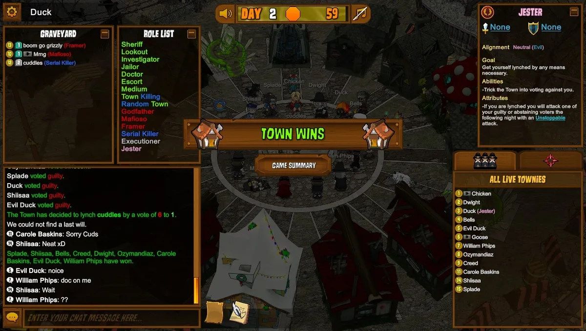 Town of Salem gameplay illustrating read the full vote trail.