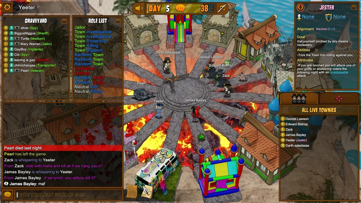 Town of Salem: private whisper messages beside the public day discussion.